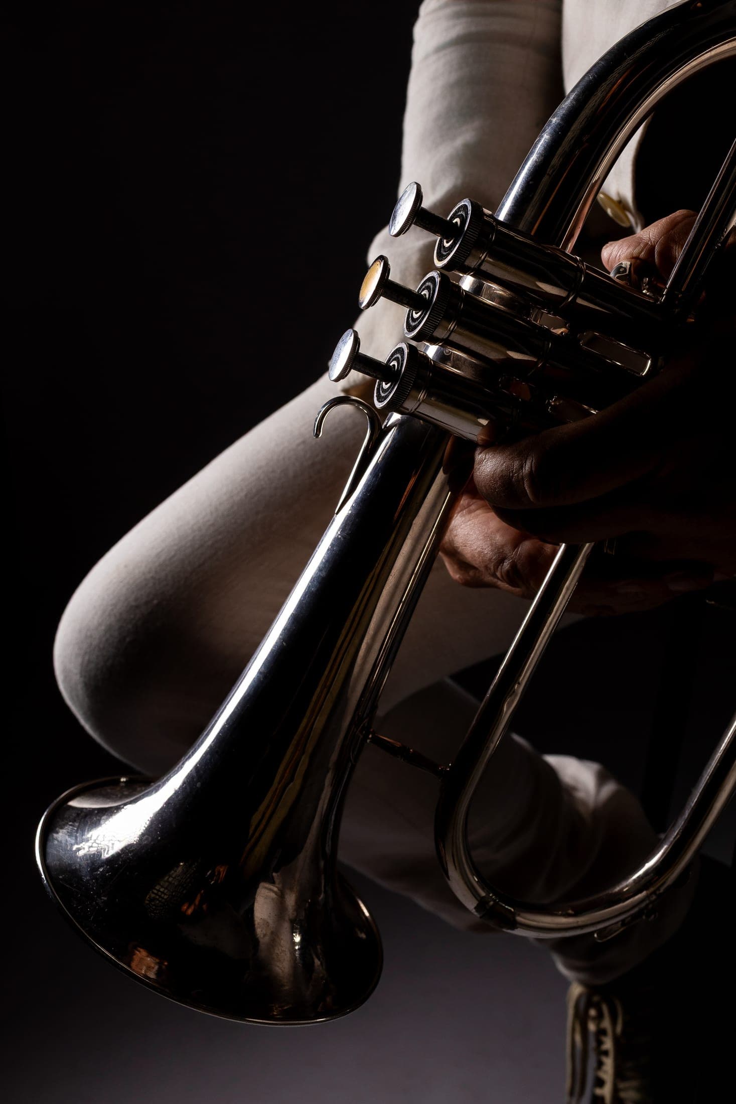Detalhe das mãos de Silvério Pontes sobre os pistões do flugelhorn